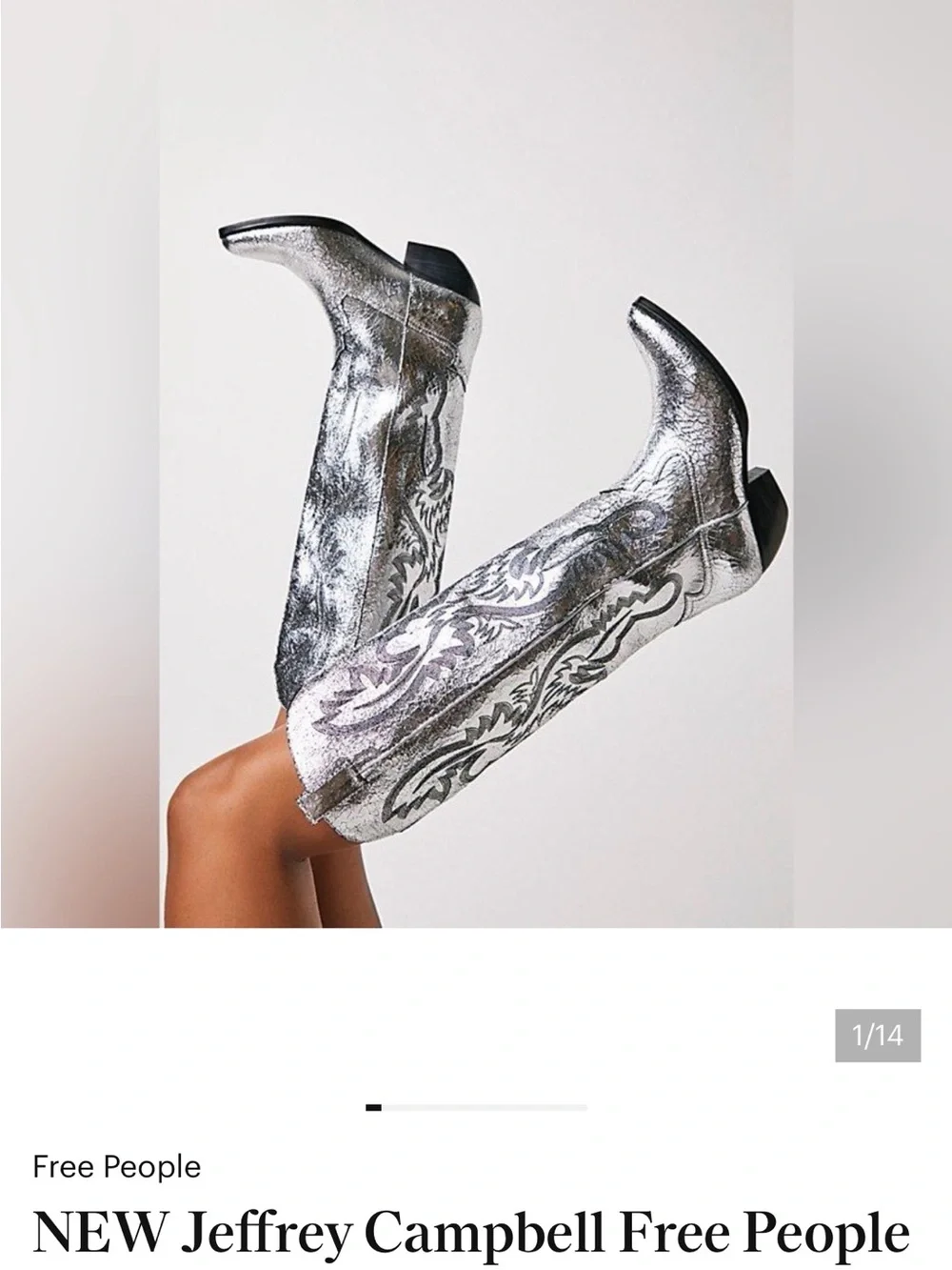 Free People Jeffrey Campbell Metallic Silver Embroidered Tall Cowboy Boots